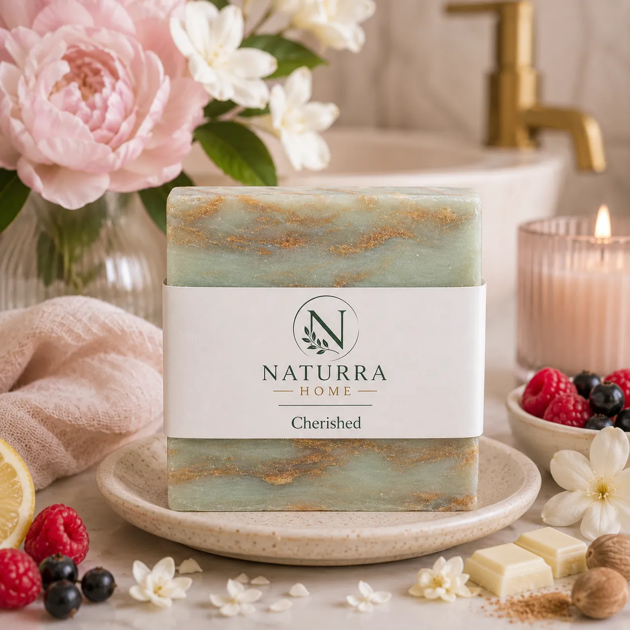 Naturra Home Cherished artisan soap on a ceramic dish