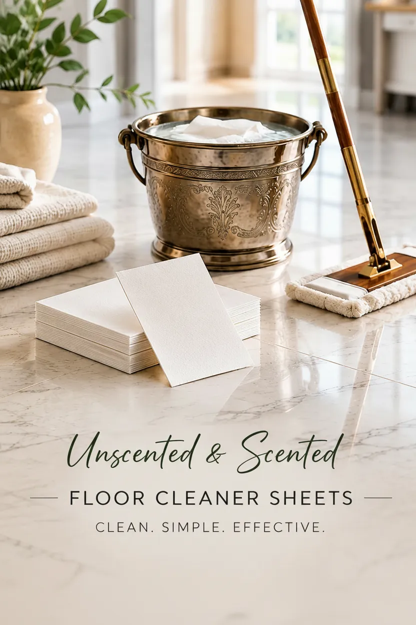 Naturra Home Floor Cleaner Sheets with a brass bucket and mop