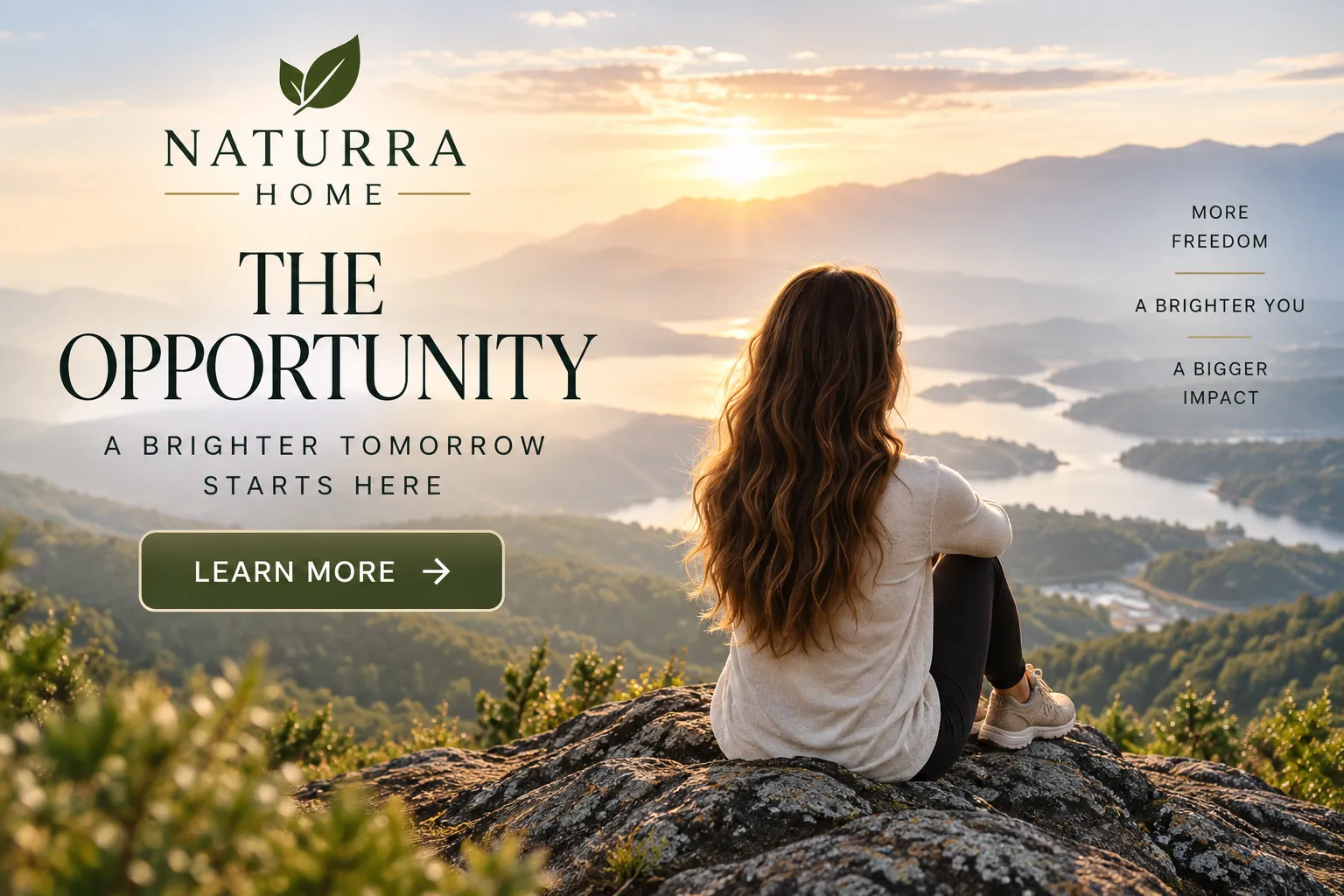 A woman looking out over mountains at sunrise
